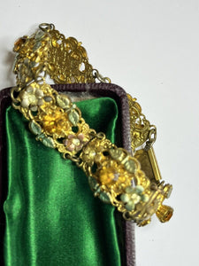 Vintage Gold Tone Filigree Diamanté Pink Orange Green Flowers Bracelet