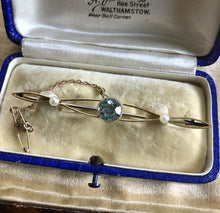 Vintage 15ct Gold Blue Topaz and Pearl Bar Brooch