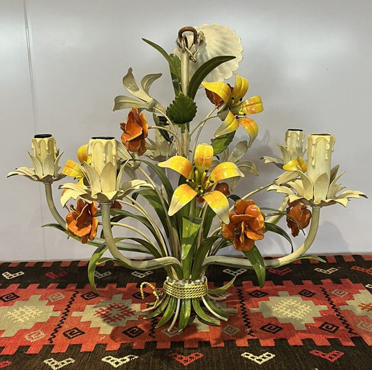 Original Mid Century Italian Toleware Metal Painted Flowers Chandelier