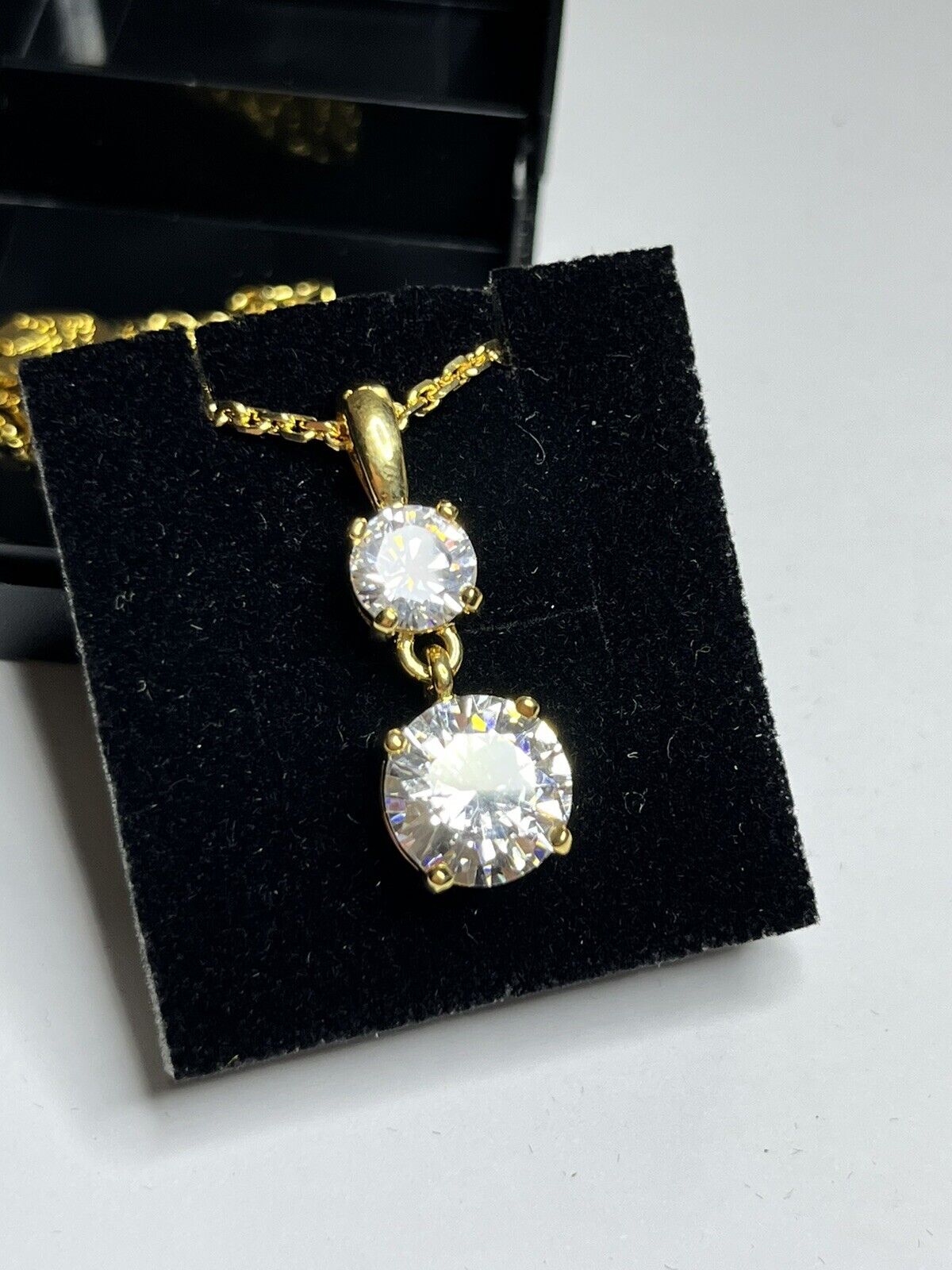 Vintage 1980s Yellow Gold Plated Clear Crystal Drop Necklace Boxed