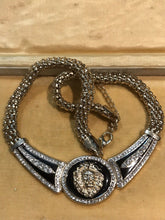 Vintage 1980s Lion Black Enamel Diamanté Necklace