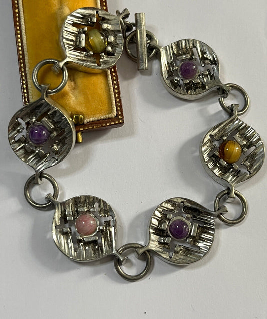 Vintage Stamped Finland Silver Tone Multicoloured Stone Brooch