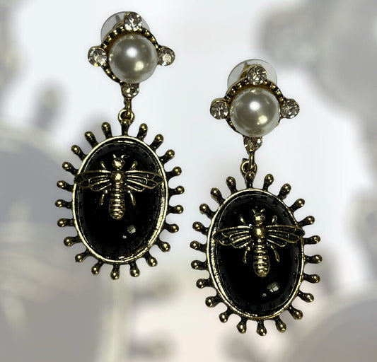 Vintage Statement Black Enamel Faux Pearl Bug Earrings