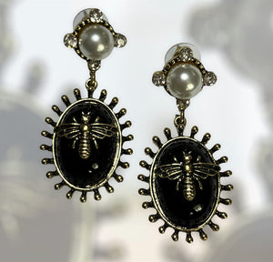 Vintage Statement Black Enamel Faux Pearl Bug Earrings