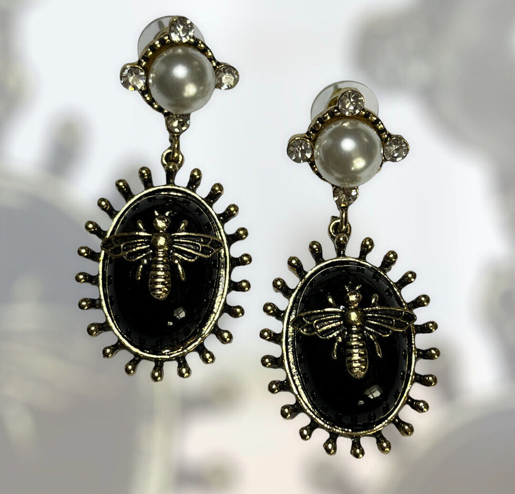 Vintage Statement Black Enamel Faux Pearl Bug Earrings