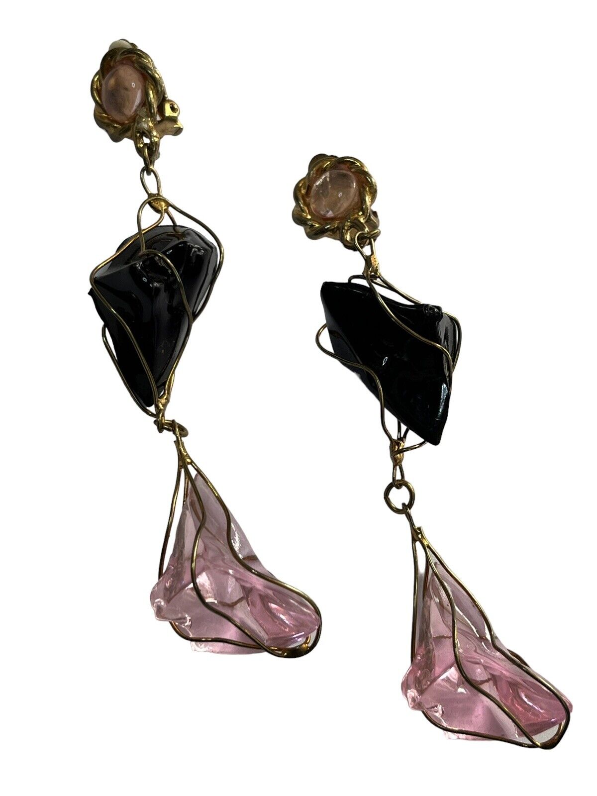 Vintage 1980s Black Pink Acrylic Long Length Statement Earrings