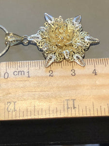 Vintage Silver Filigree With Gold Wash Flower Pendant Necklace
