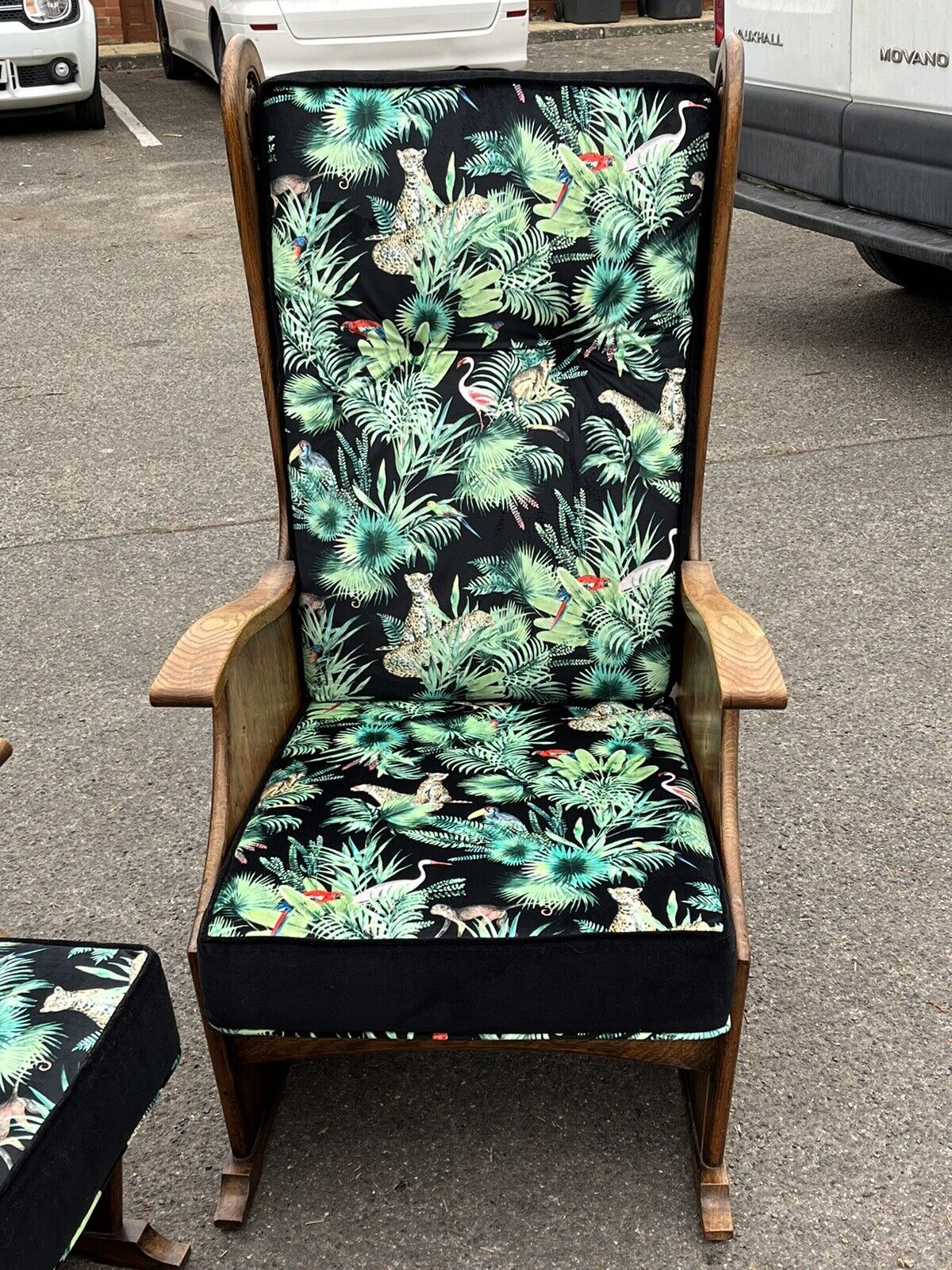 Mid Century Oak Armchairs Newly Upholstered In A Bright Jungle Print.