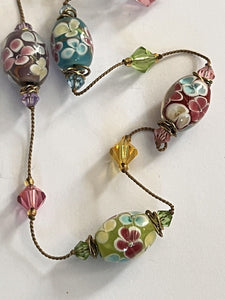 Vintage Signed Goldette Glass Flower Crystal Long Length Necklace