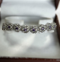 Vintage Rhodium Plated Purple Clear Diamanté Flowers Bracelet New Old Stock