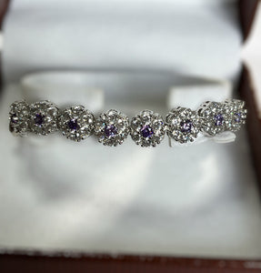 Vintage Rhodium Plated Purple Clear Diamanté Flowers Bracelet New Old Stock