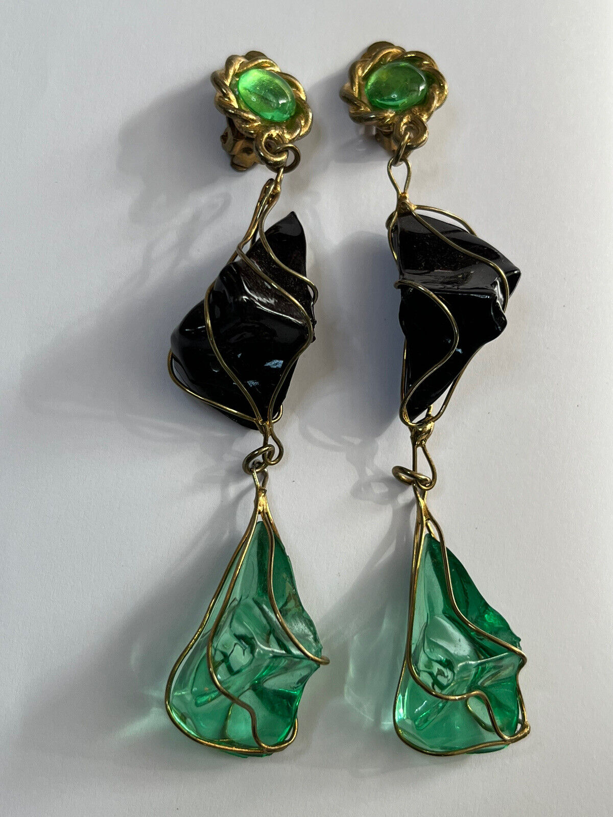 Vintage 1980s Black Green Acrylic Long Length Statement Earrings