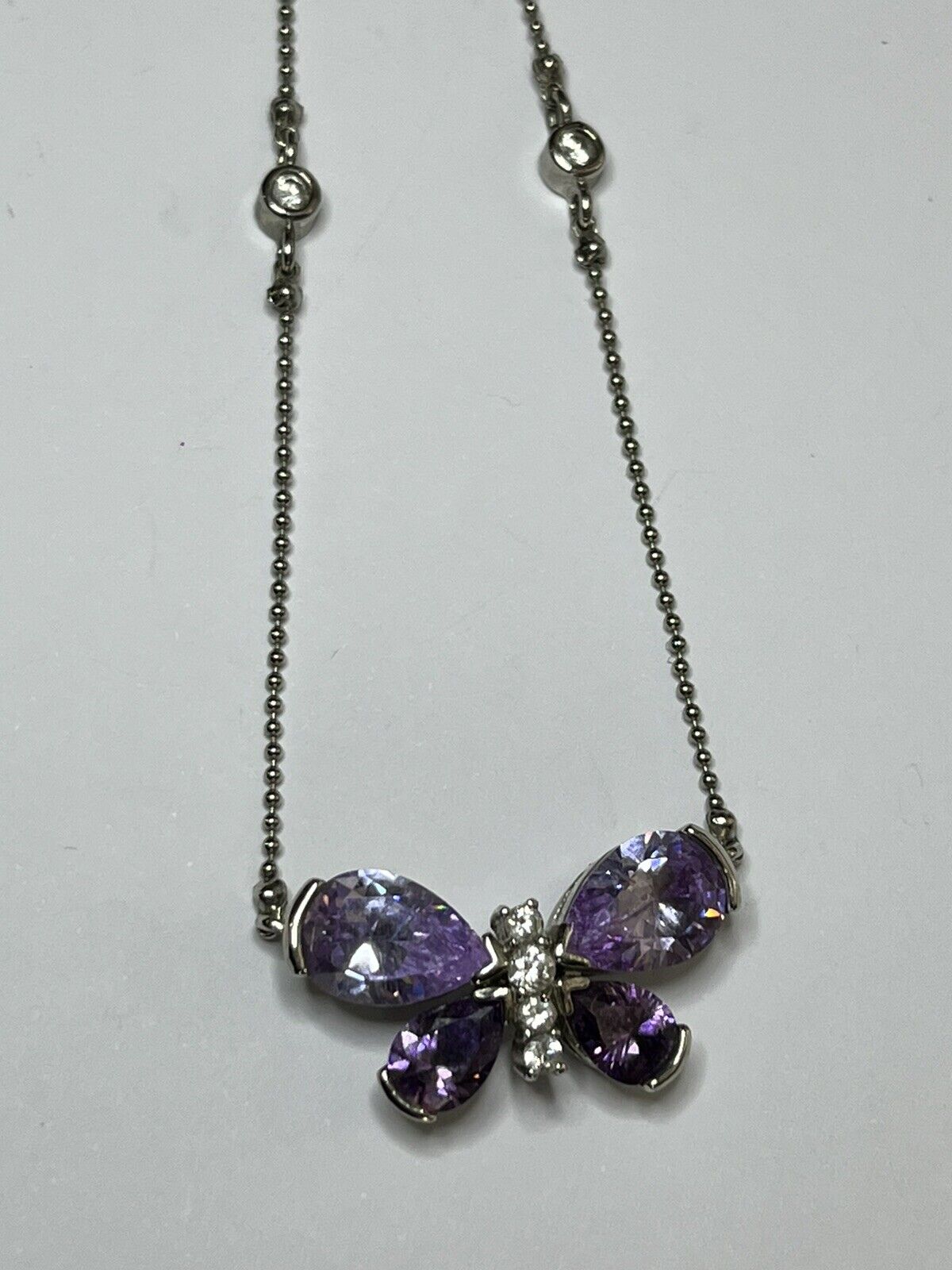 Vintage Rhodium Plated Purple Crystal Diamanté Butterfly Necklace