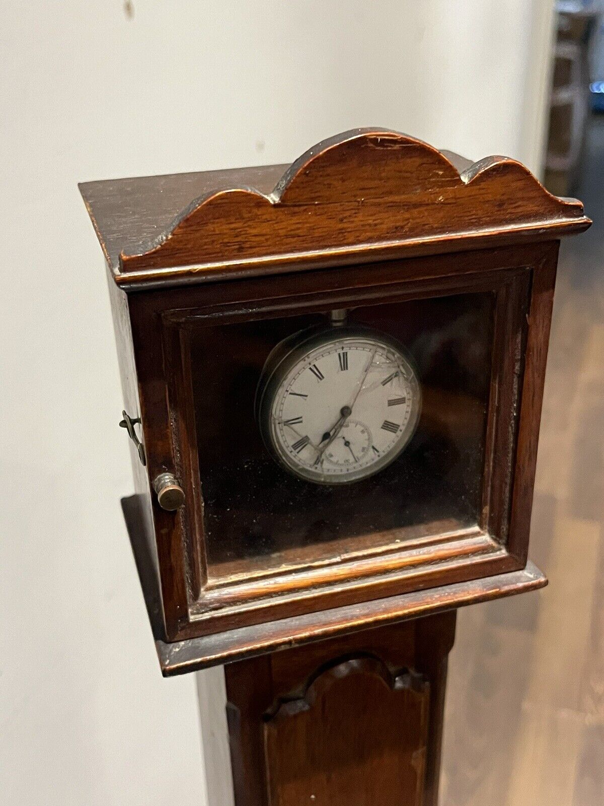 Pocket Watch Holder. Miniature Mahogany Longcase. We Ship Worldwide.