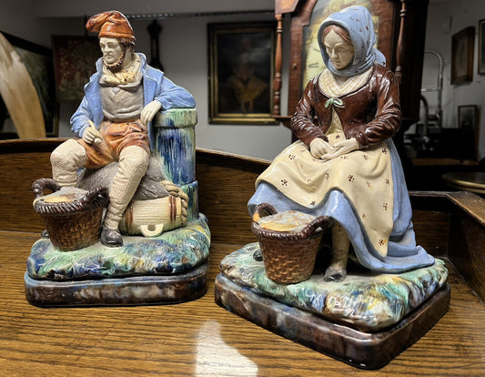 Majolica Fisherman And His Wife, Very Good Quality. Large In Size.
