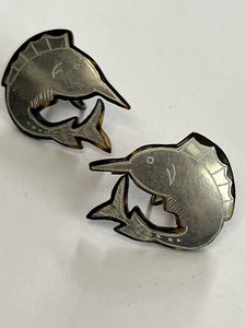 Antique Natural Marine Shell Engraved Silver Swordfish Screwback Earrings