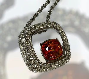 Vintage Signed 1980s Rhodium Plated Burnt Red  Crystal Pendant Necklace