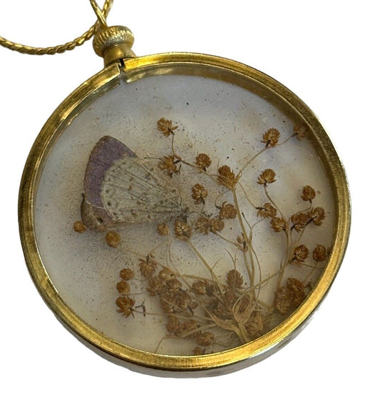 Vintage Old Gold Tone Real Butterfly Dried Flowers Pendant Necklace