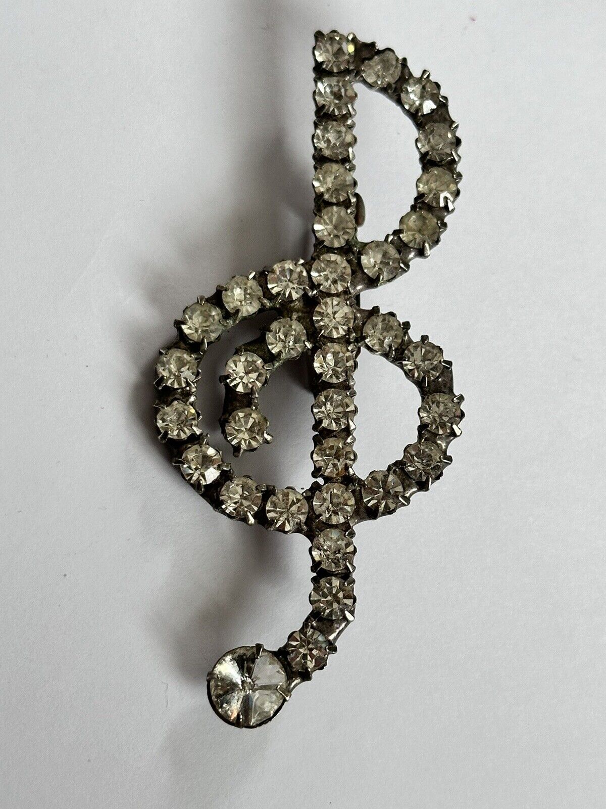 Vintage Silver Tone Musical Note Clef Paste Brooch