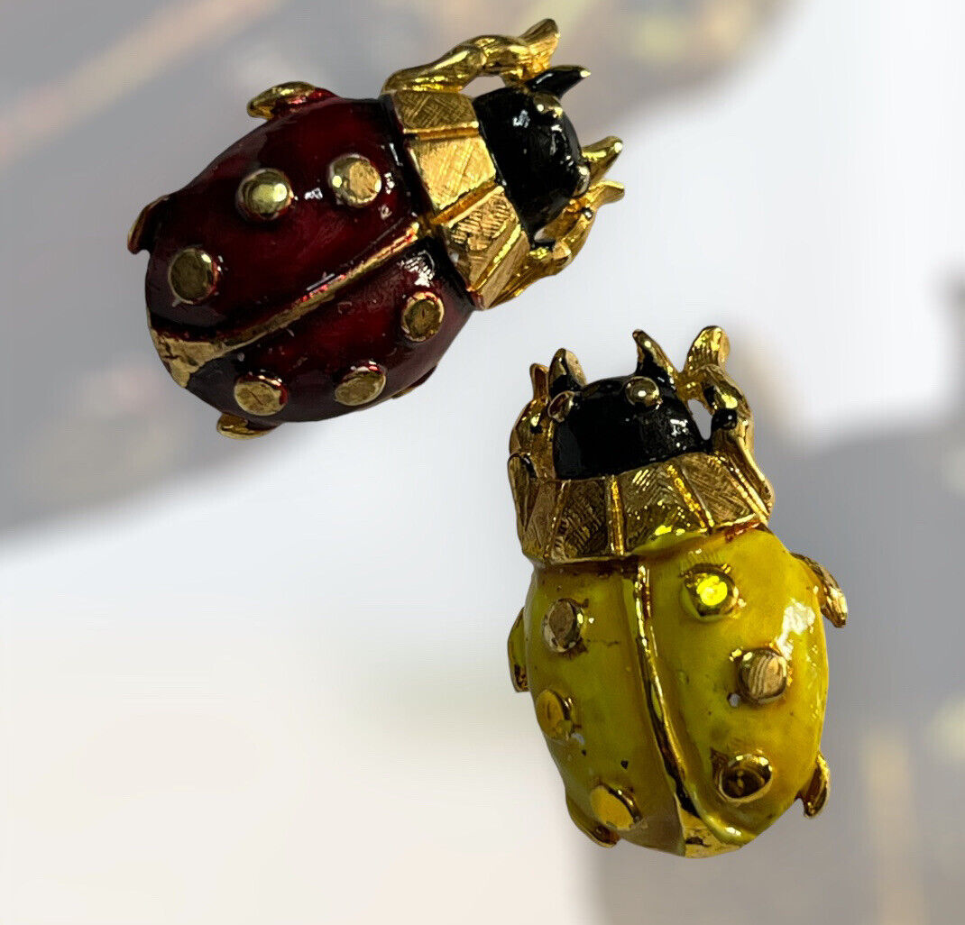 Vintage Ladybird Red Yellow Enamel Set Of 2 Brooches