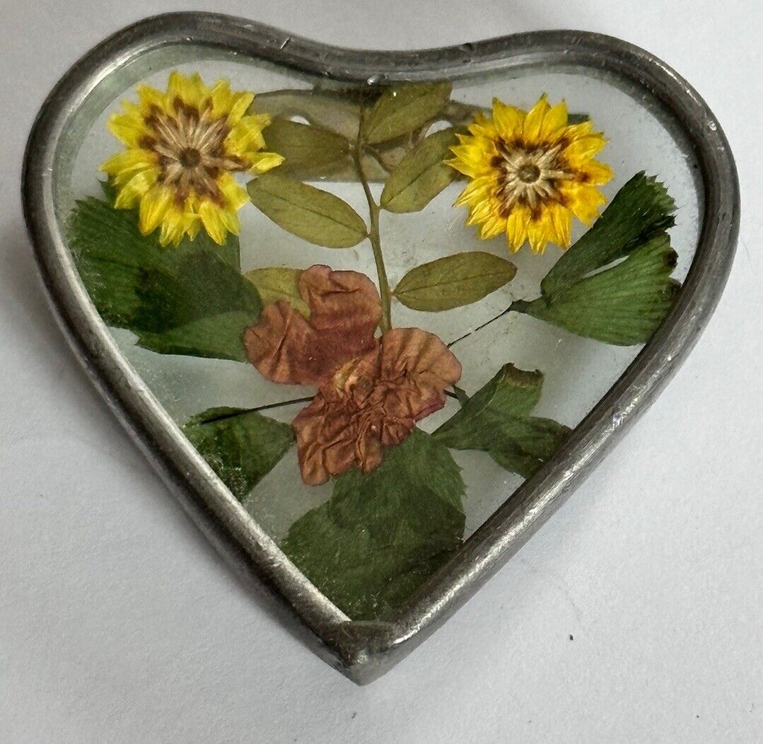 Vintage Dried Flower Heart Brooch