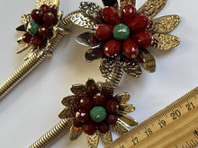 Vintage Statement 1980s Gold Tone Red Flowers Necklace