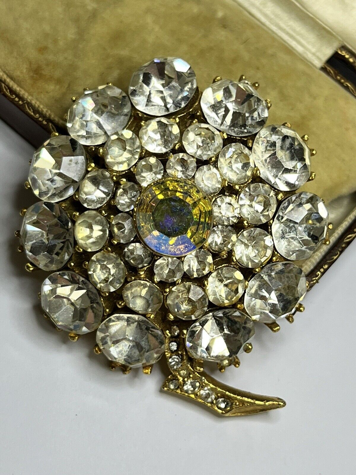 Vintage Signed Sphinx Statement Diamanté Flower Brooch