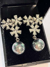 Vintage 1980s Rhodium Plated Crystal Flowers Drop Earrings New Old Stock Boxed