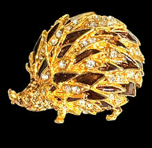 Vintage Gold Tone Brown Enamel Diamanté Hedgehog Brooch