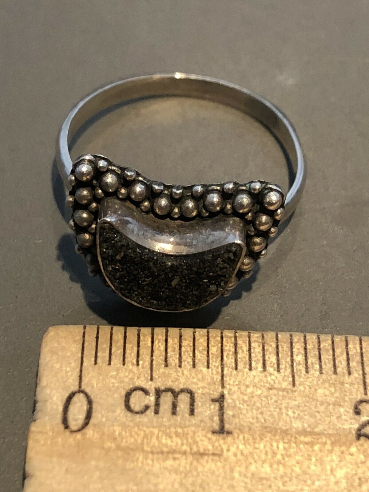Vintage Sterling Silver Black Diamond Chip Half Moon Ring Size O