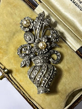 Vintage Silver Tone Marcasite Faux Pearl Flower In Vase Brooch