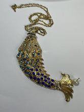 Vintage Gold Tone Blue Diamanté Fish Statement Pendant Necklace