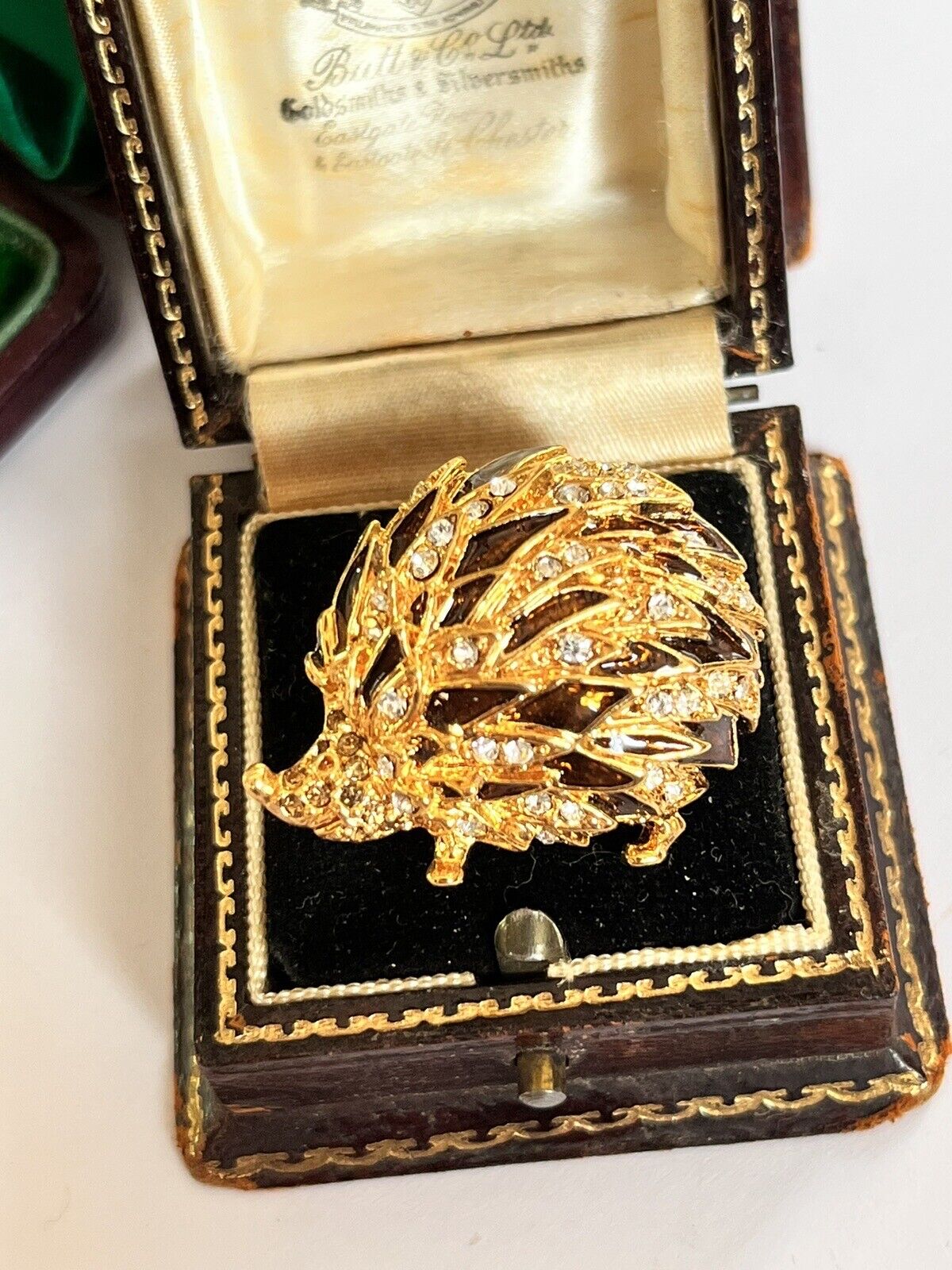 Vintage Gold Tone Brown Enamel Diamanté Hedgehog Brooch