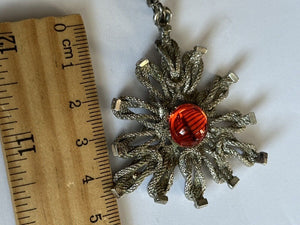 Vintage 1960s Silver Tone Red Cabochon Stone Necklace