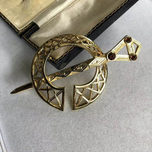 Vintage Gold Plated Celtic Diamanté Brooch Signed