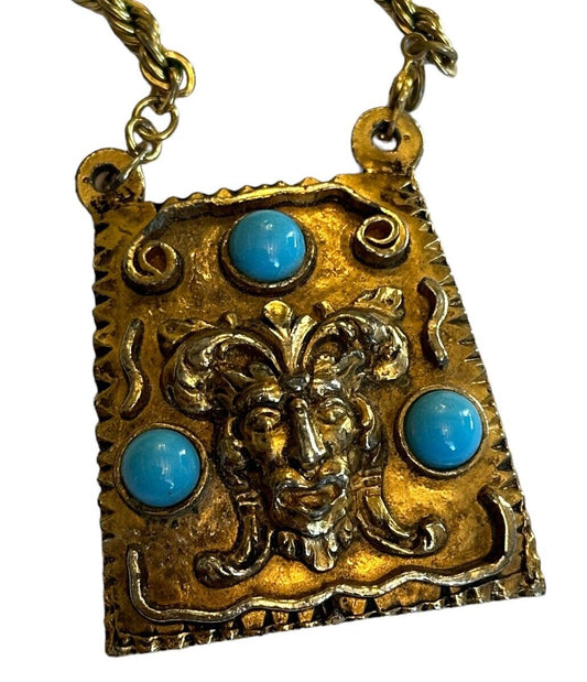 Vintage Etruscan Faux Turquoise Gold Tone Pendant Monet Rope Chain Necklace