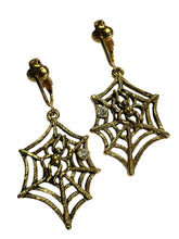 Vintage Gold Tone Spider Web Spider Drop Dangle Earrings