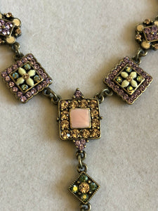 Vintage Flowers Diamanté Enamel Lilac Green Pink Necklace