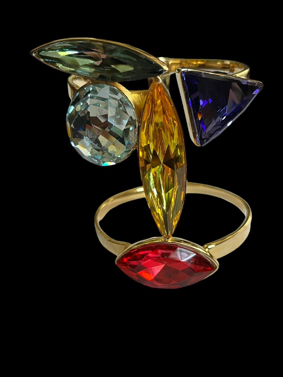 Vintage Double Cuff Gold Plated Statement Multicoloured Diamanté Bracelet