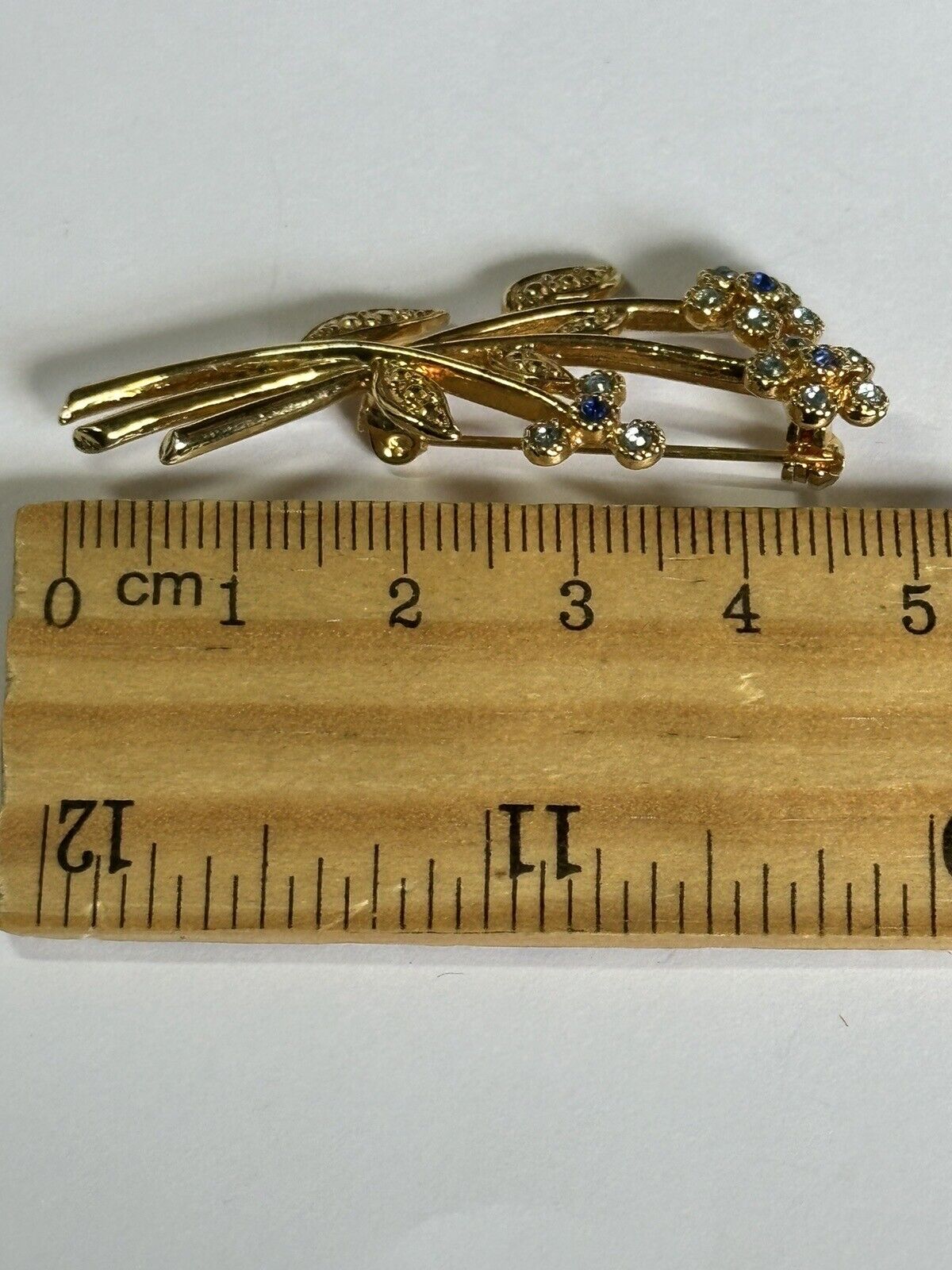 Vintage Gold Plated Movitex Flower Spray Blue Stone Brooch
