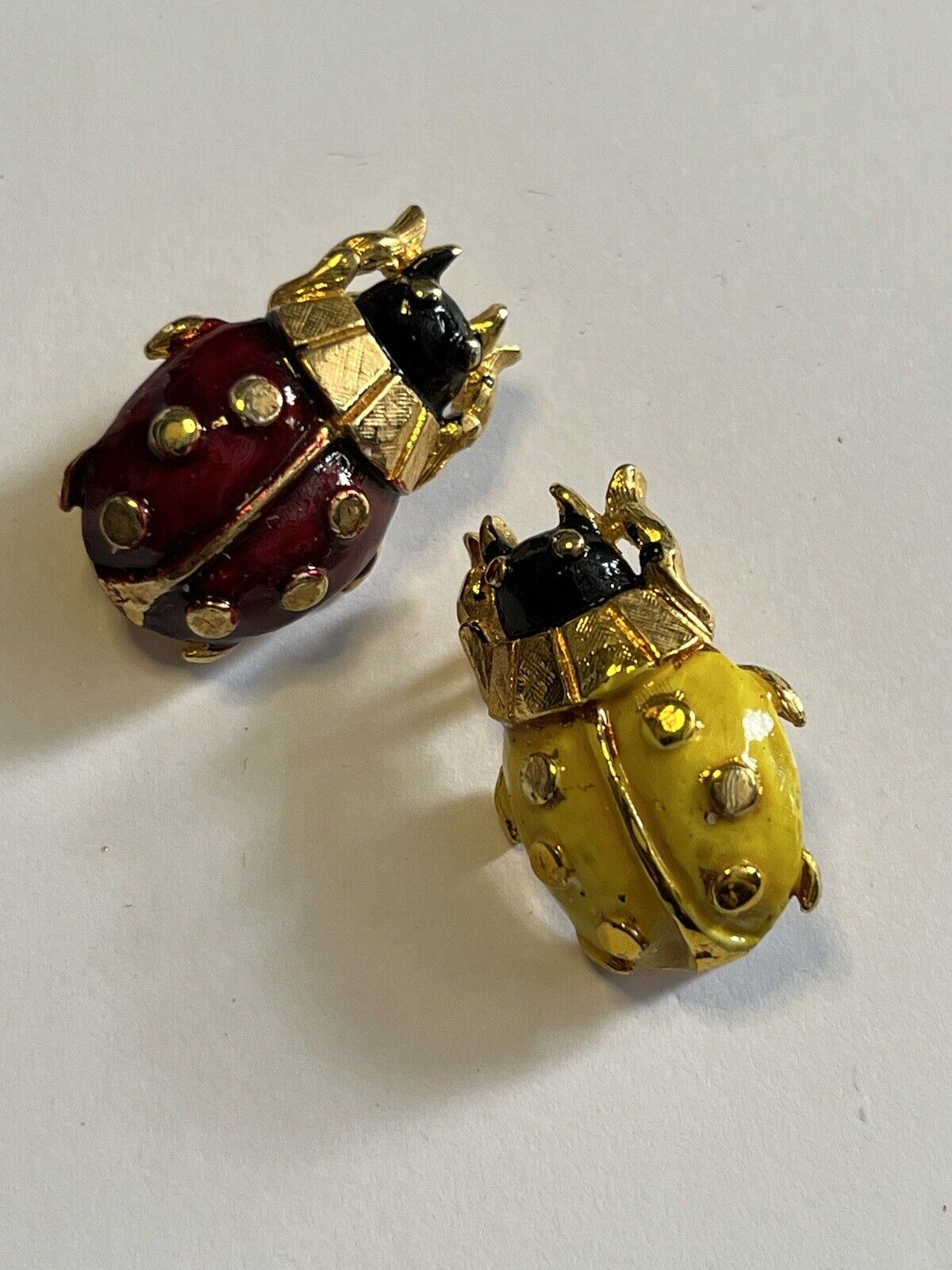 Vintage Ladybird Red Yellow Enamel Set Of 2 Brooches