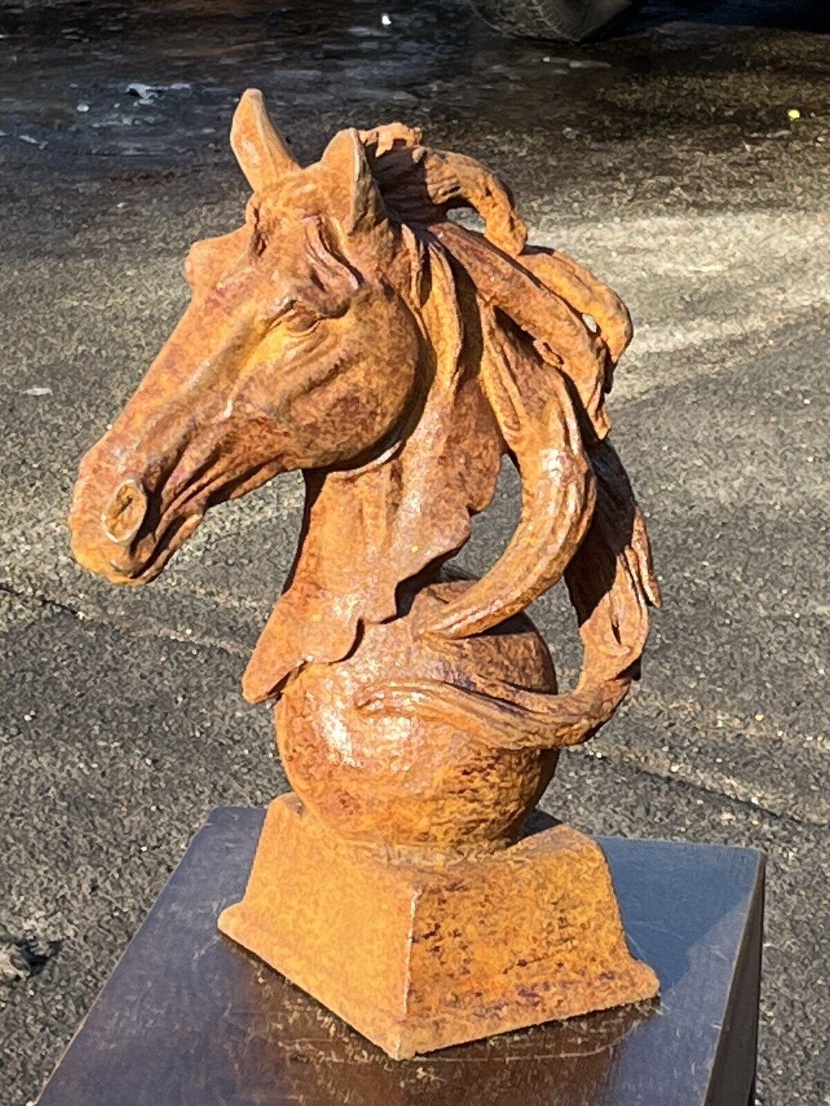 Pair Of Horse Head Statues, Cast Iron, Large In Size.