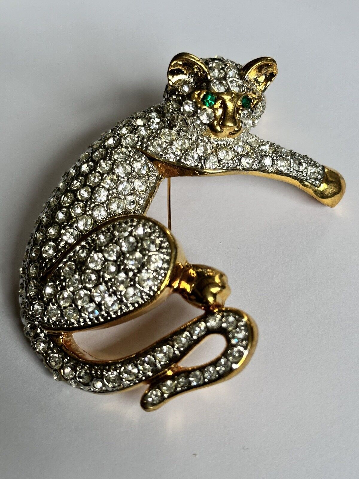 Vintage Runway Gold Tone Large Diamanté Cat Brooch