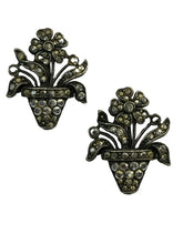 Vintage Unique Silver Tone Marcasite Flower Pot Clip On Earrings