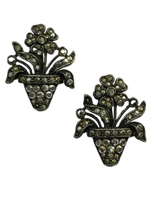 Vintage Unique Silver Tone Marcasite Flower Pot Clip On Earrings