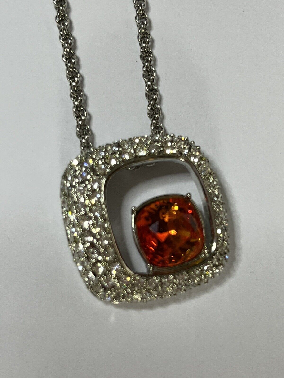 Vintage Signed 1980s Rhodium Plated Burnt Red  Crystal Pendant Necklace