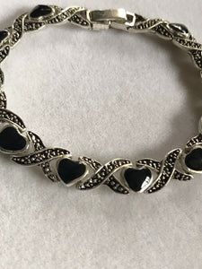 Vintage Silver Tone Black Enamel Hearts Bracelet