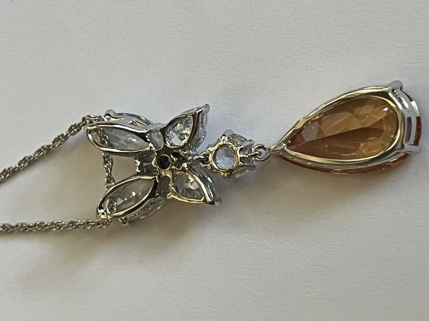 Vintage 1980s Rhodium Plated Orange Teardrop Crystal Necklace New Old Stock