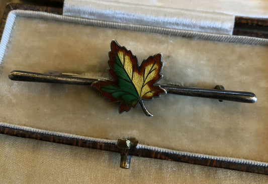 Vintage Silver Enamel Maple Leaf Bar Brooch