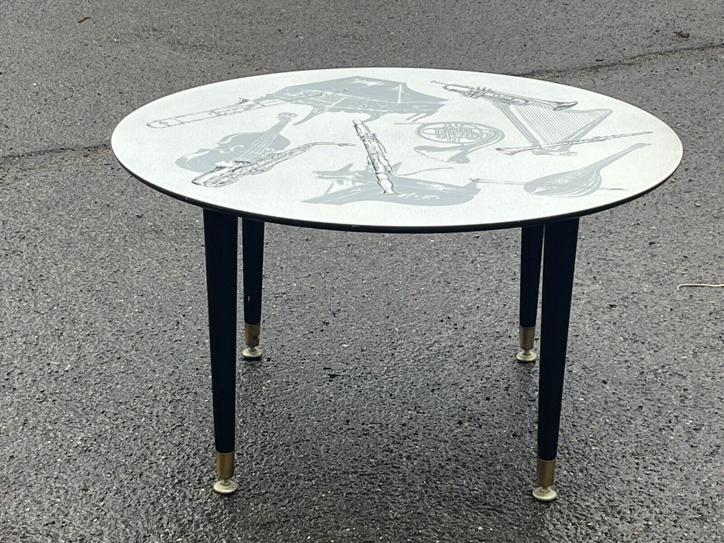 1960’s Coffee Table. Top Decorated With Musical Instruments.
